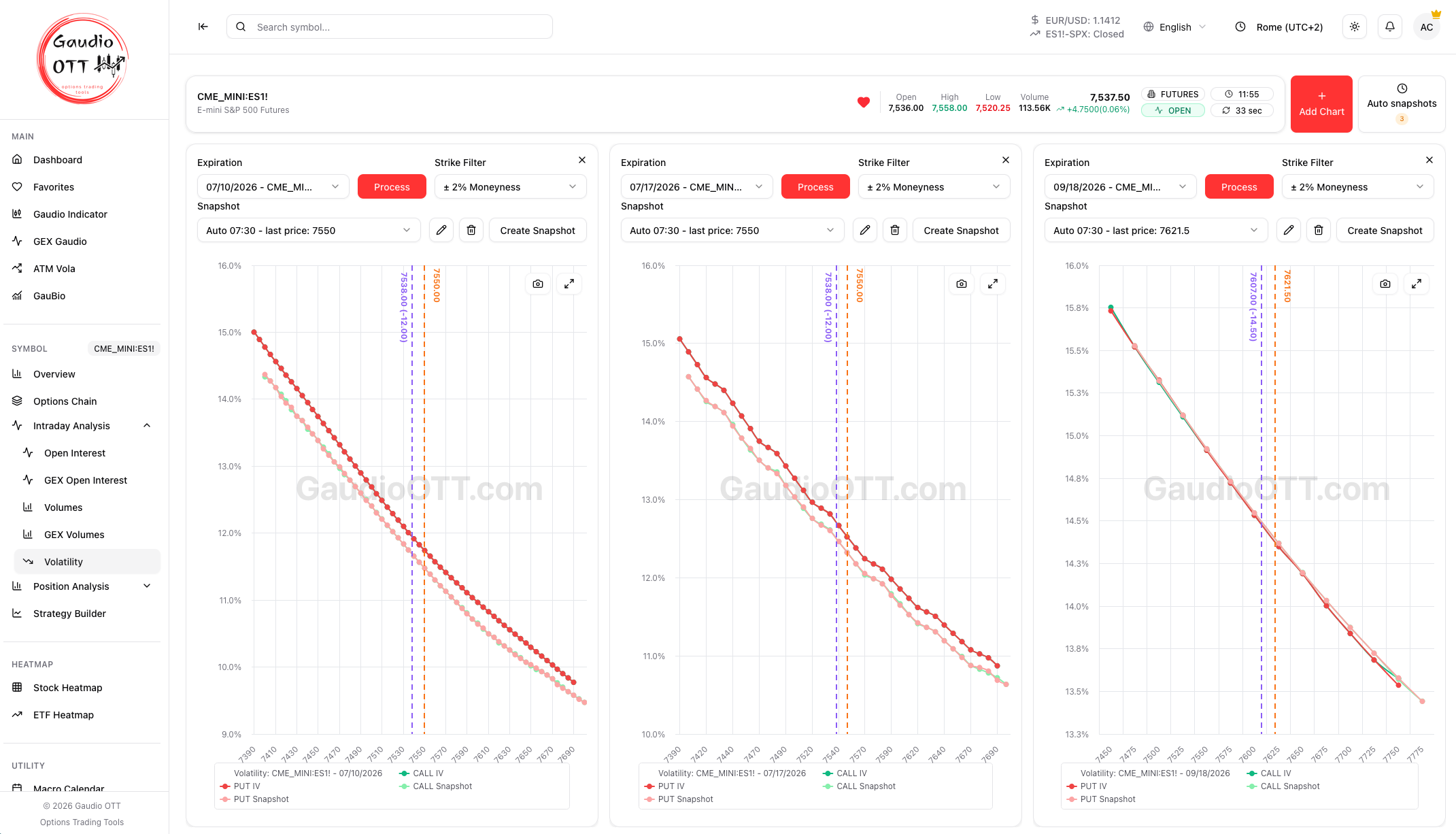 Volatility section with per-expiration charts and the automatic snapshots panel